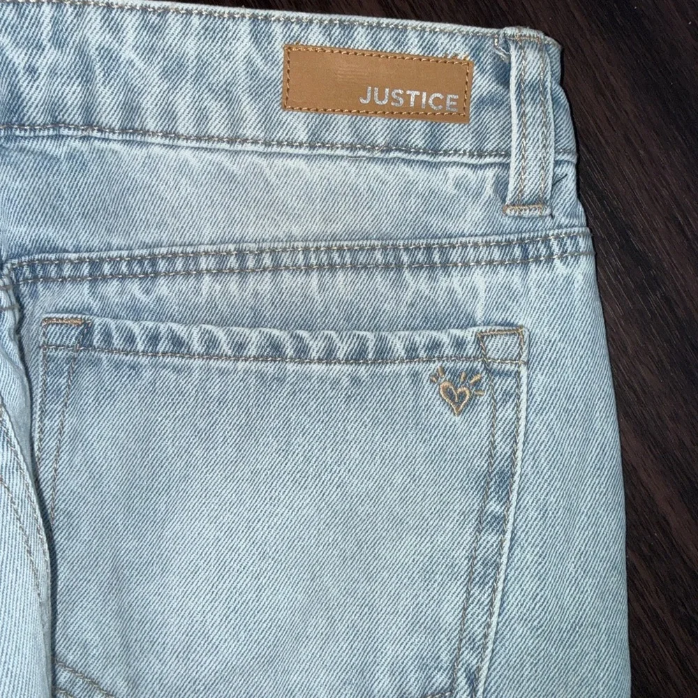 Justice Light Wash Straight-Leg Jeans with Pink Floral Embroidery